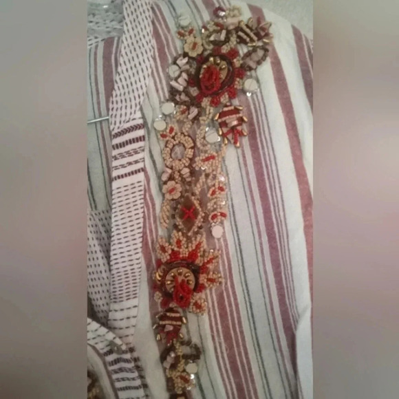 Soft Surroundings Long Sleeve Roll Tab Beaded Neckline Striped‎ Top Size XL - Picture 4 of 6